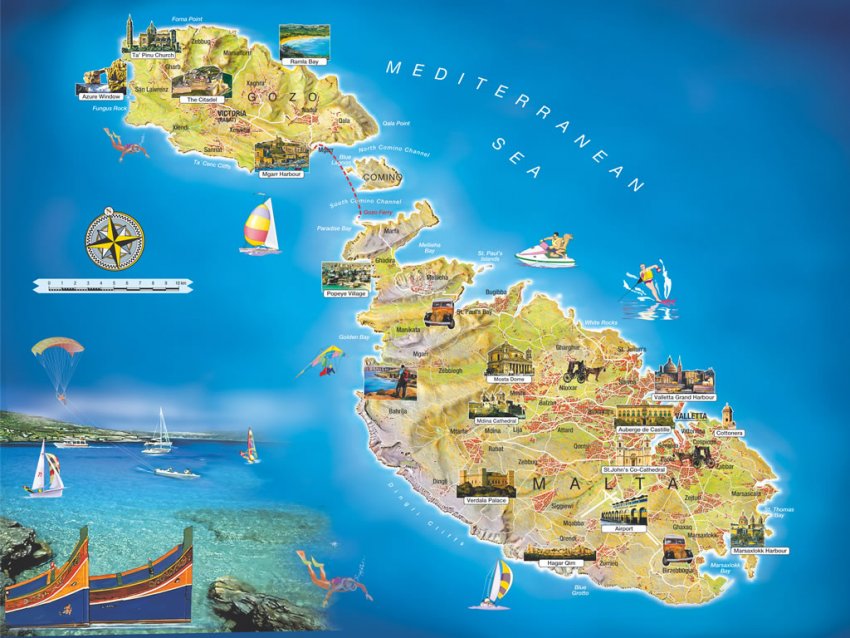 Фото достопримечательностей других стран Европы: Схематическая карта острова Мальта с указанием объектов