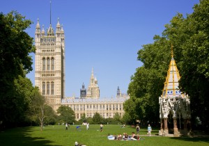 Лужайка у Вестминтерского дворца и вид на башню Виктория (Лондон)