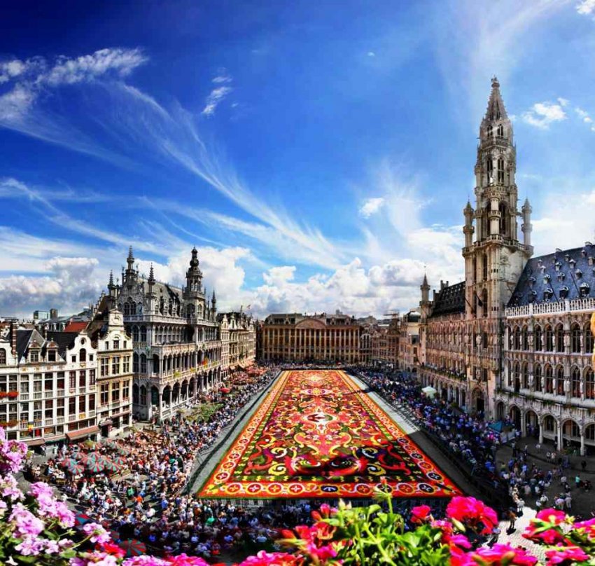 Фото достопримечательностей Брюсселя: Вид на площадь Грнд Плас и ее знаменитый цветочный ковер