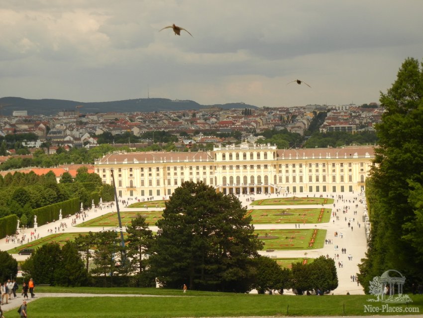 Фото достопримечательностей Вены: Вид на задний фасад дворца Шенбрунн из Глориетты. В кадр попали летящие утки