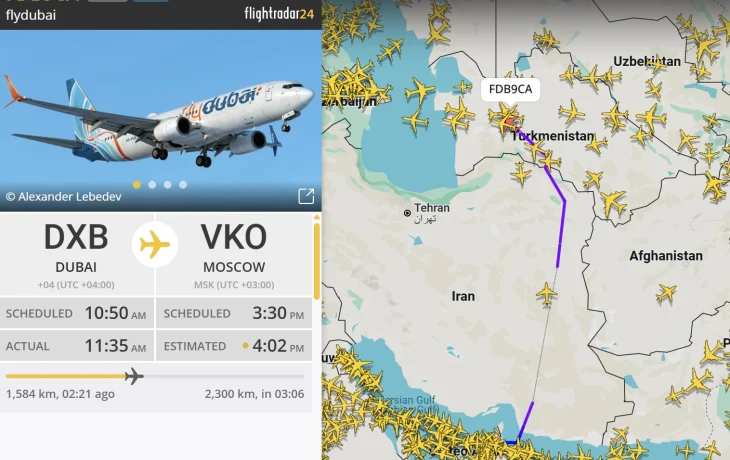 Самолеты авиакомпании flydubai летят в Москву над территорией Ирана